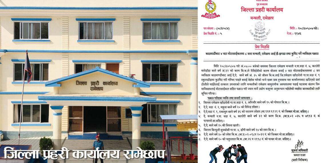 काठमाण्डौबाट ४ मोटरसाइलमा रामेछाप आएर एक व्यक्तिमाथि कुटपिट गर्ने ८ जनाको समूह पक्राउ